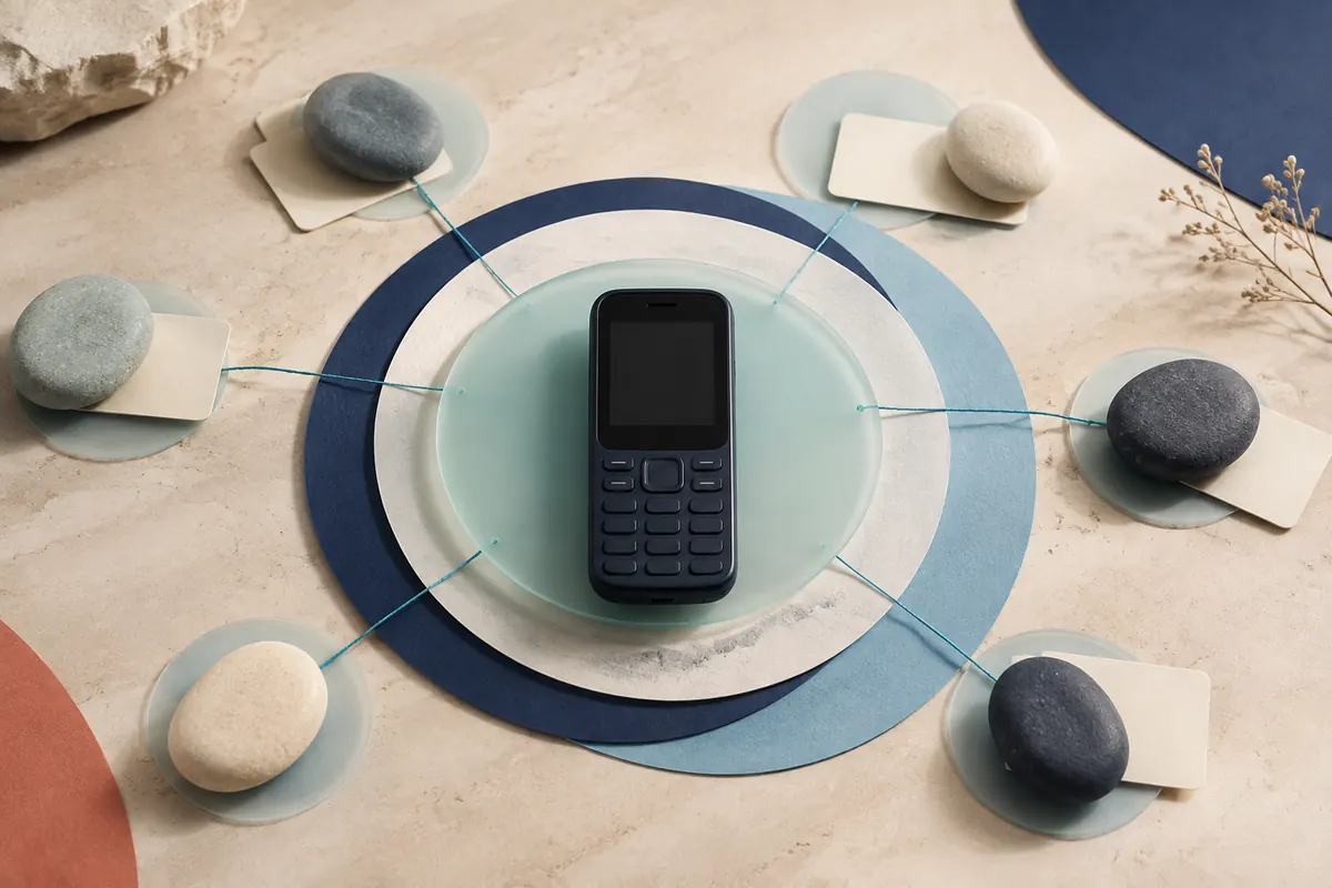 A keypad phone at the centre of concentric rings, linked by threads to six blank name cards.
