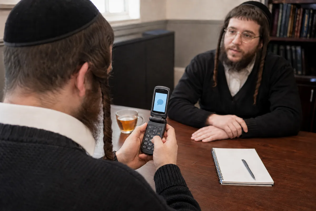 Over the shoulder of a man texting on a correctly oriented open flip phone while another man listens across the table.