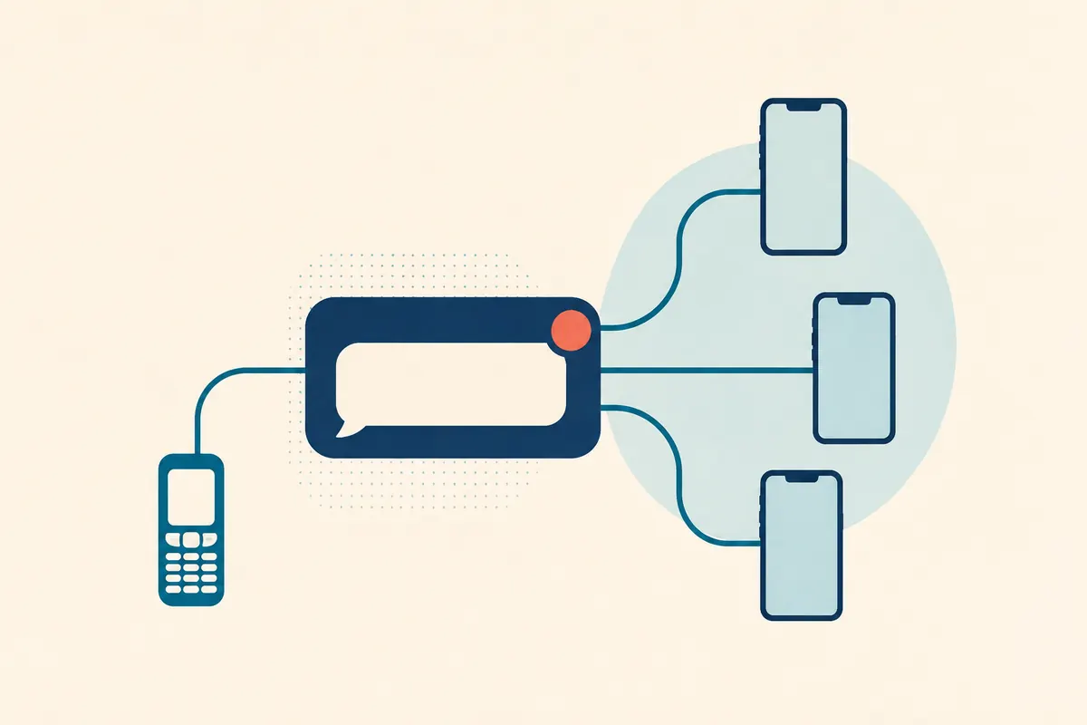 Illustration: a keypad phone and three smartphones all connected to a single shared message bubble.