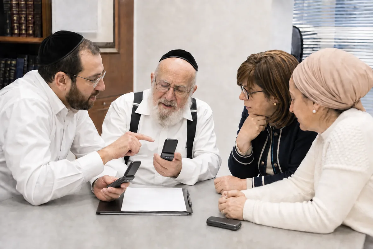 Four people around a table, one pointing at the flip phone in an older man's hand as they work through a group message.