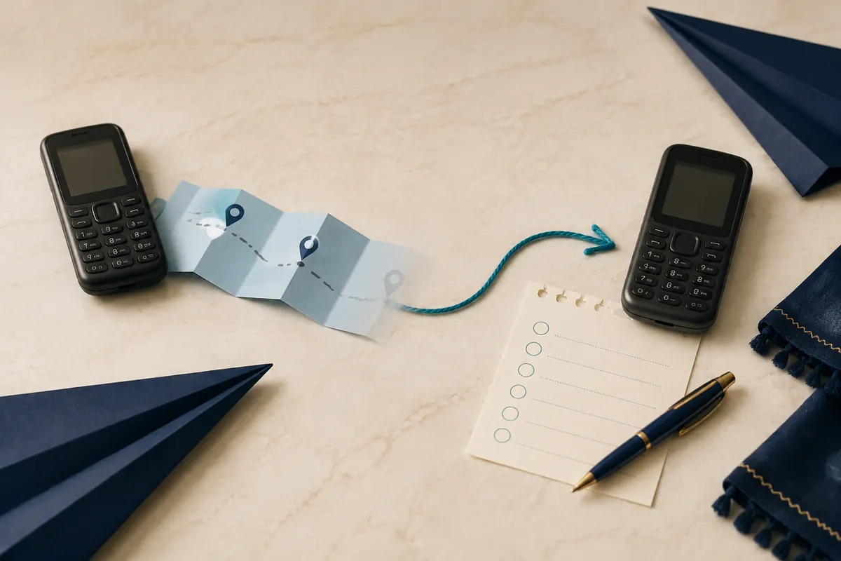 Two keypad phones on a desk joined by a marked route, beside a blank checklist and a pen.