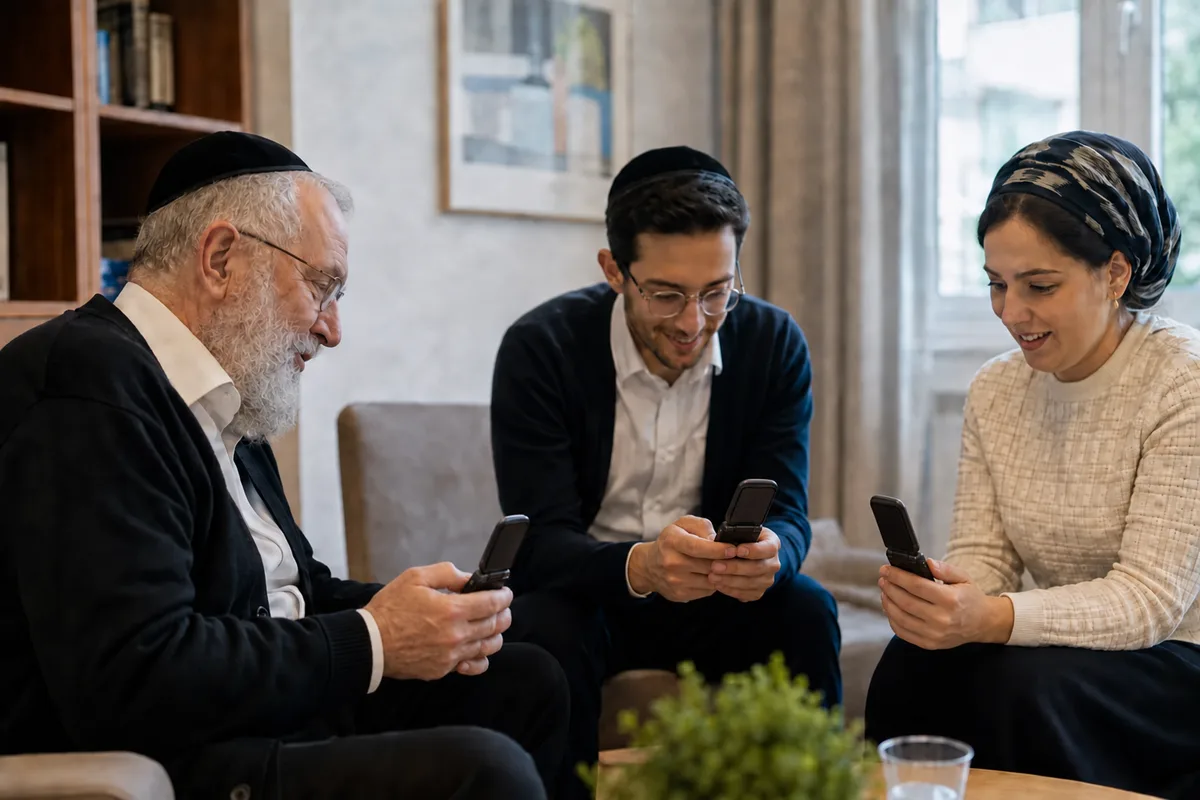 Three family members sitting together in a living room, each reading the same group message on a flip phone.