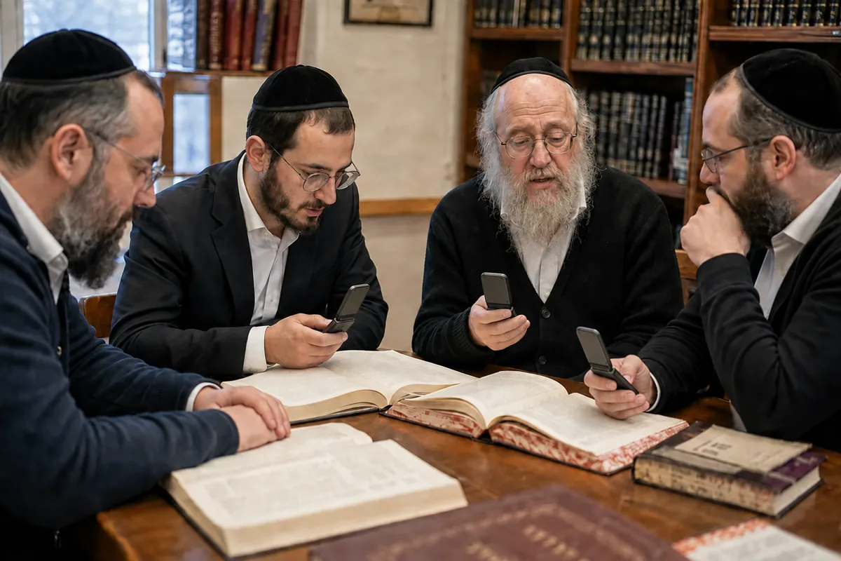 Four men at a table of open sefarim, checking flip phones between them.