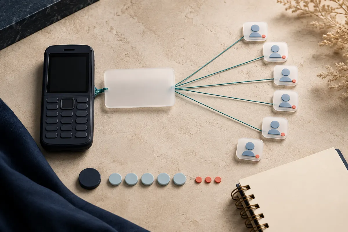 A keypad phone linked by threads to six member icons, with counters laid out in a row beside it.