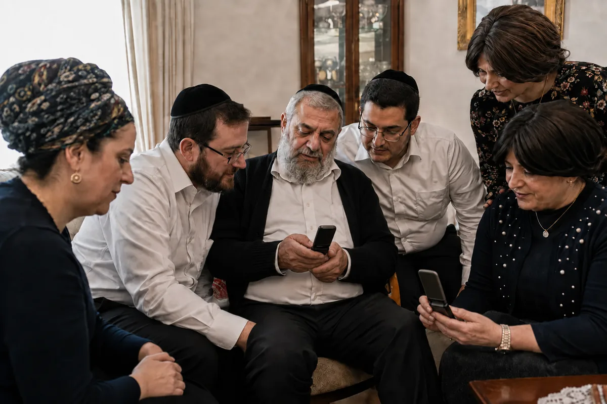 A family gathered around an older man reading a group message on his flip phone, another flip phone open beside him.